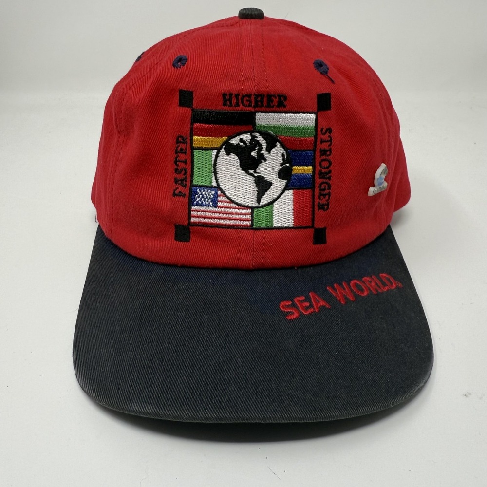 Vintage Sea World Hat Cap‎ Snap Back Red Black Embroidered World Flags Mens 90s